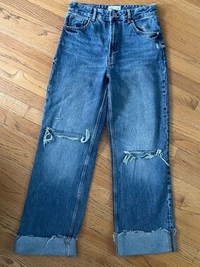 Zara High-Rise Distressed Straight-Leg Jeans